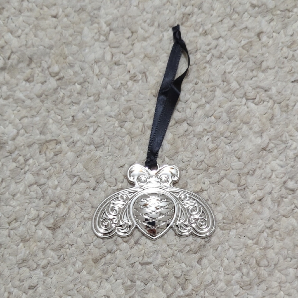 Silver Bee Hanging Ornament with Black Ribbon